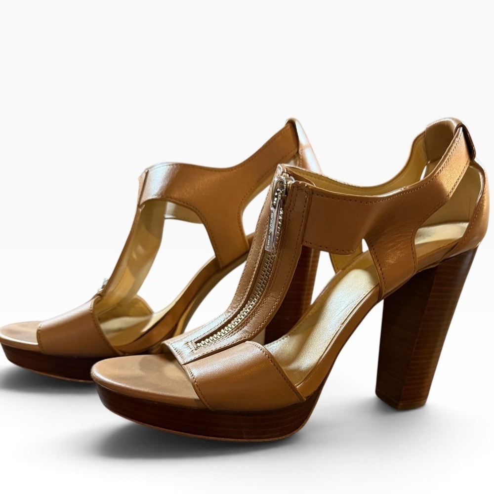 Michael Kors Tan Leather T-Strap Zipper Platform Block Heel Sandals Womens SZ 7